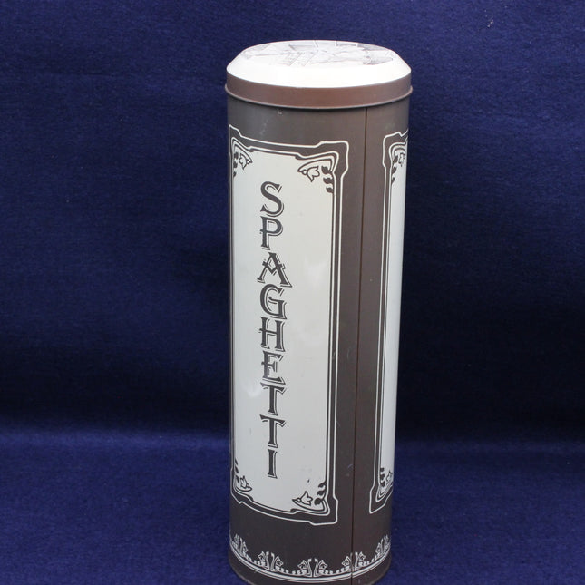 Angled shot of collectable spaghetti tin highlighting classic packaging design and nostalgic style.