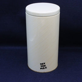 Angled shot of collectable Maxwell House tin highlighting retro advertising design.