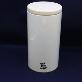 Front view of Maxwell House “Get the Max” coffee tin showing bold vintage branding.