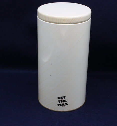 Front view of Maxwell House “Get the Max” coffee tin showing bold vintage branding.