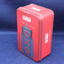 Angled shot of vintage Oxo tin highlighting collectable design and nostalgic kitchen style.