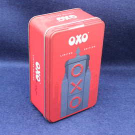 Front view of Oxo Cube Limited Edition storage tin showing bold red retro branding.