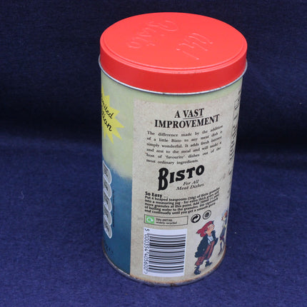 Bisto seasoning canister with red lid on a blue background