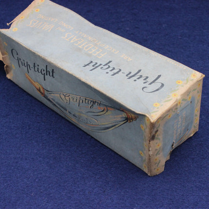 Vintage box with decorative text and design on a blue background