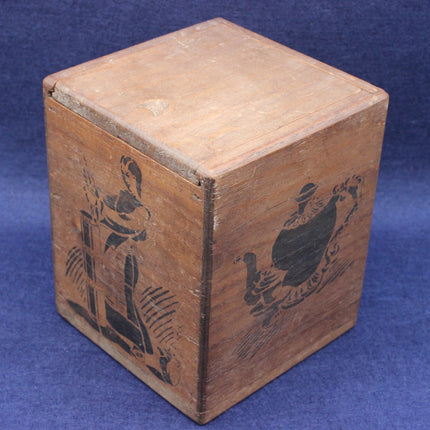 Wooden box with engraved design on a blue background