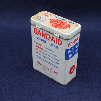 Band-aid wateroroof branding on a small white tin