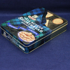 Blue and green tartan on a biscuit tin