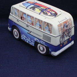 Decorative model of a vintage van with colorful graphics on a dark blue background