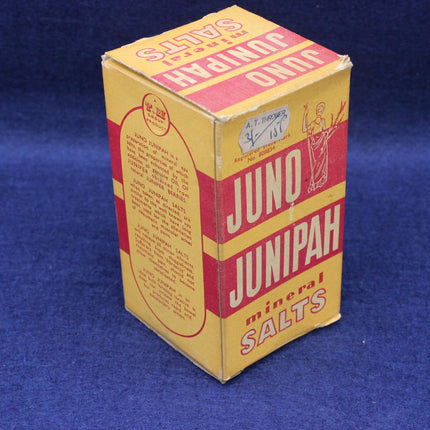 Vintage box of Juno Junipah mineral salts on a blue background