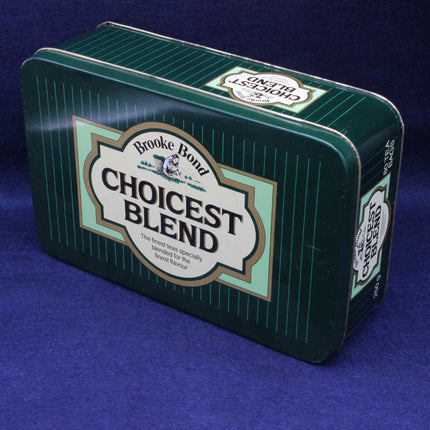 Brooke Bond Choicest Blend tea tin on a blue background
