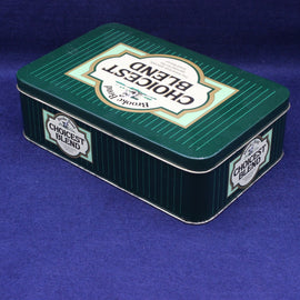 Choicest Blend branding n a dark green vintage tea caddy tin