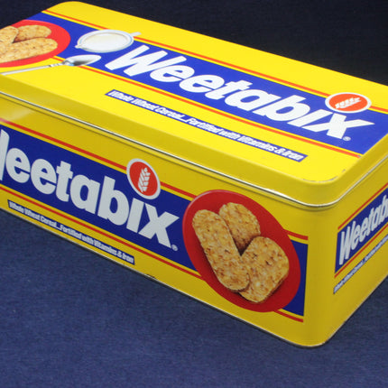 Weetabix cereal tin on a dark blue background