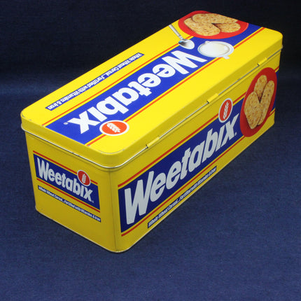 Yellow and blue Weetabix cereal box on a dark blue background
