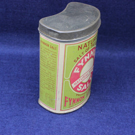Vintage Fynnon salt container with a blue background