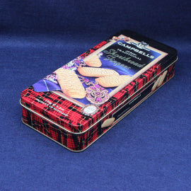 Tin box with Campbell's Shortbread packaging on a blue background