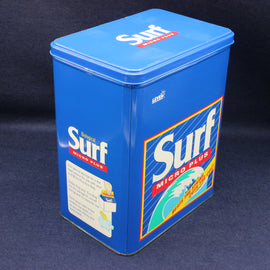 Blue surf product container with branding on a dark background