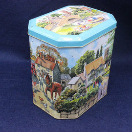Hexagonal tin with a colorful painting on a blue background