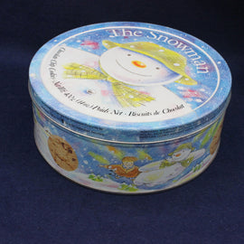 Round tin with 'The Snowman' design on a dark blue background