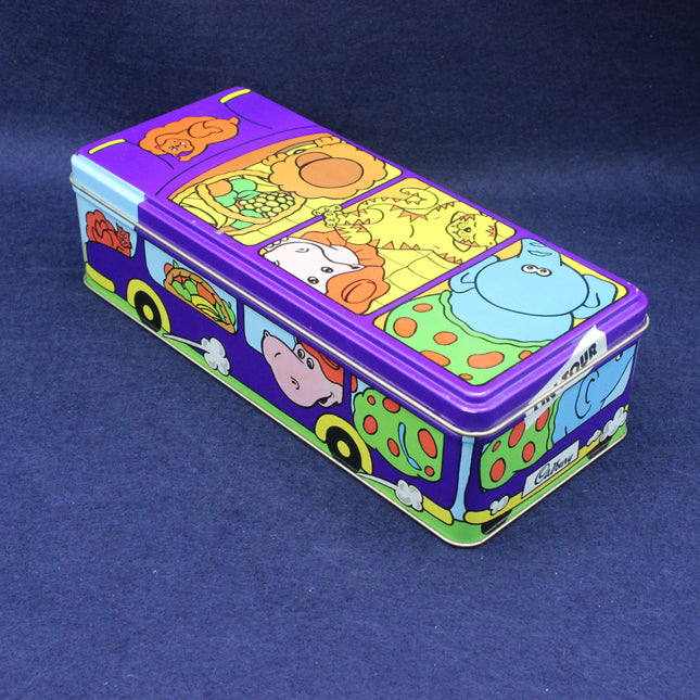 Colorful Cadbury's Biscuit Tin  with cartoon designs on a blue background