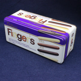 Tin box of Cadbury Fingers chocolate bars on a dark blue background