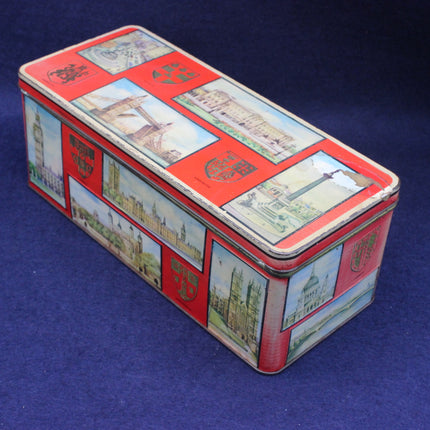 Decorative tin box with illustrations on a blue background