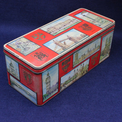 Rectangular tin box with images of landmarks on a blue background
