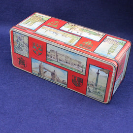 Rectangular tin box with images of landmarks on a blue background