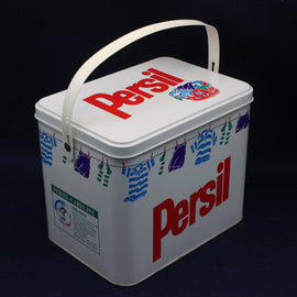 Vintage Persil laundry detergent container with clothesline design on a black background