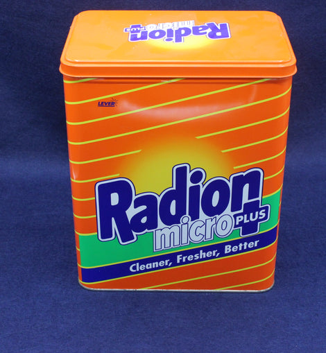 Orange and blue container with 'Radion' branding on a blue background