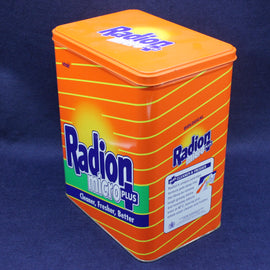 Orange metal container with 'Radion' branding on a blue background