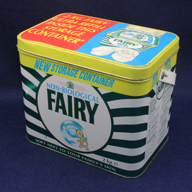 Vintage Fairy non-biological cleaning powder storage container on a dark blue background