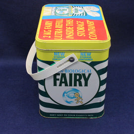 Vintage Fairy brand cleaning product storage container on a dark blue background
