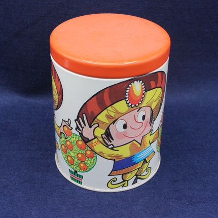 Colorful cylindrical container with a cartoon character called McV on a blue background