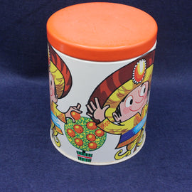 Colorful cylindrical container with cartoon Jaffa Cake Man characters on a blue background