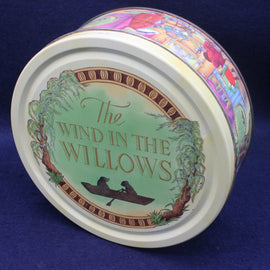 Decorative container lid with 'The Wind in the Willows' design on a blue background
