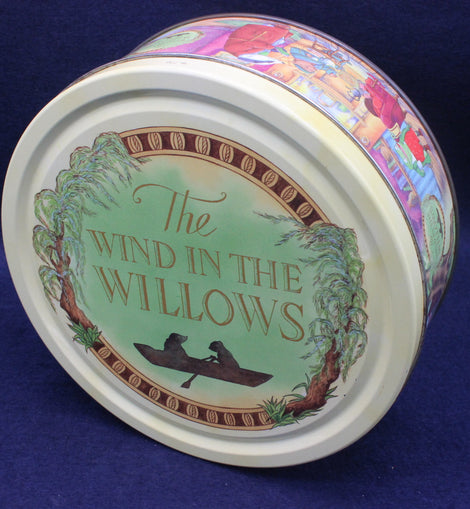 Decorative container lid with 'The Wind in the Willows' design on a blue background