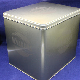 Gold rectangular tin container with 'Walker's' branding on a blue background