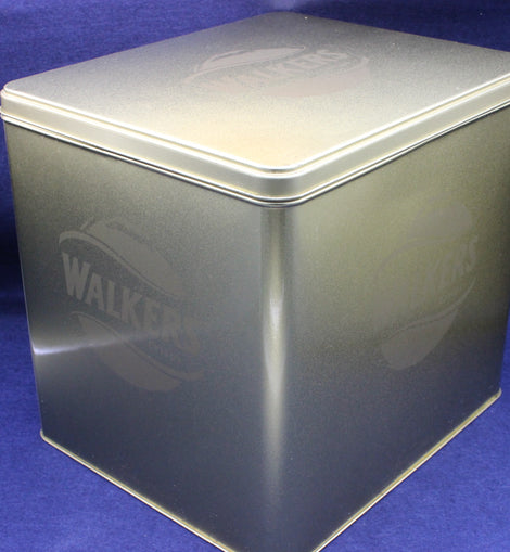 Gold rectangular tin container with 'Walker's' branding on a blue background