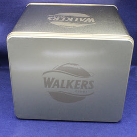 Square metal tin with 'Walkers' branding on a blue background