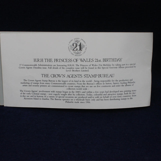 Booklet with text about H.R.H. The Princess of Wales' 21st birthday and the Crown Agents Stamp Bureau.