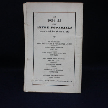 Vintage document listing clubs that used Mitre footballs in 1954-55 on a dark background