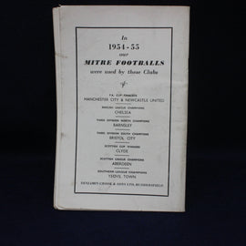 Vintage document listing clubs that used Mitre footballs in 1954-55 on a dark background
