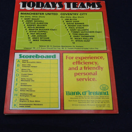Vintage sports team sheet with Manchester United and Coventry City names, a scoreboard, and Bank of Ireland advertisement on a dark background.