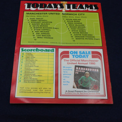 Manchester United vs Norwich City match card with team lists and scoreboard on a dark background