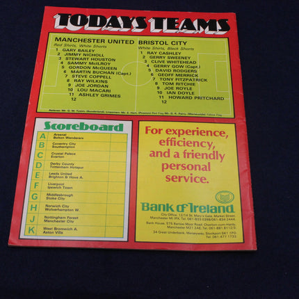 Vintage sports team sheet with Manchester United and Bristol City names, Bank of Ireland advertisement, and scorecard on a dark background.