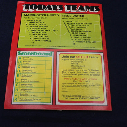 Vintage sports team sheet with Manchester United and Leeds United names, scores, and advertisements on a red border.