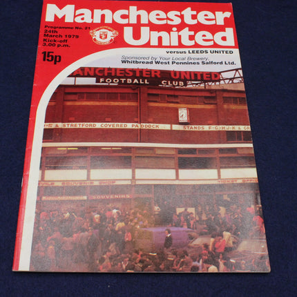 Manchester United football club programme from 1978 against Leeds United, featuring a red cover with crowd image.