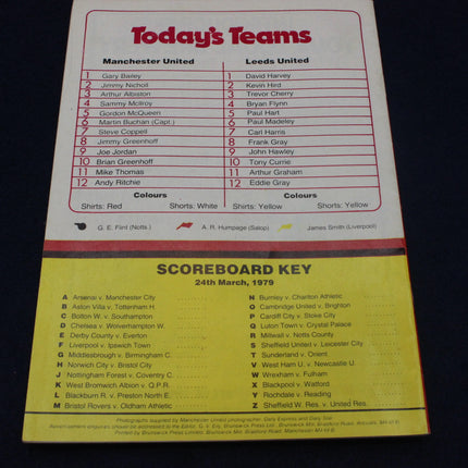 Matchday programme with team line-ups and scoreboard key for Manchester United vs Leeds United on 24th March, 1979.