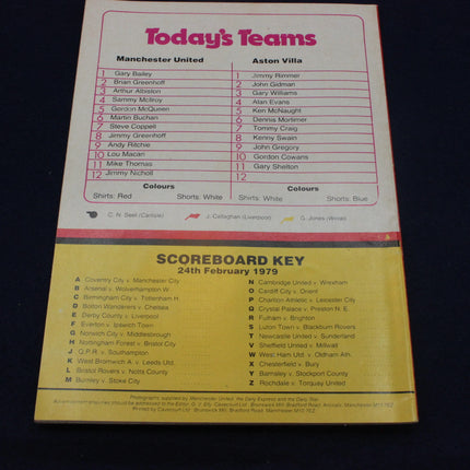 Scorecard from a football match between Manchester United and Aston Villa on 24th February 1979.