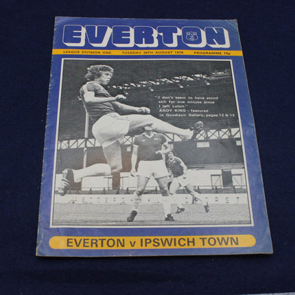 Vintage football league match programme for Everton vs Ipswich Town 1976 on a dark background